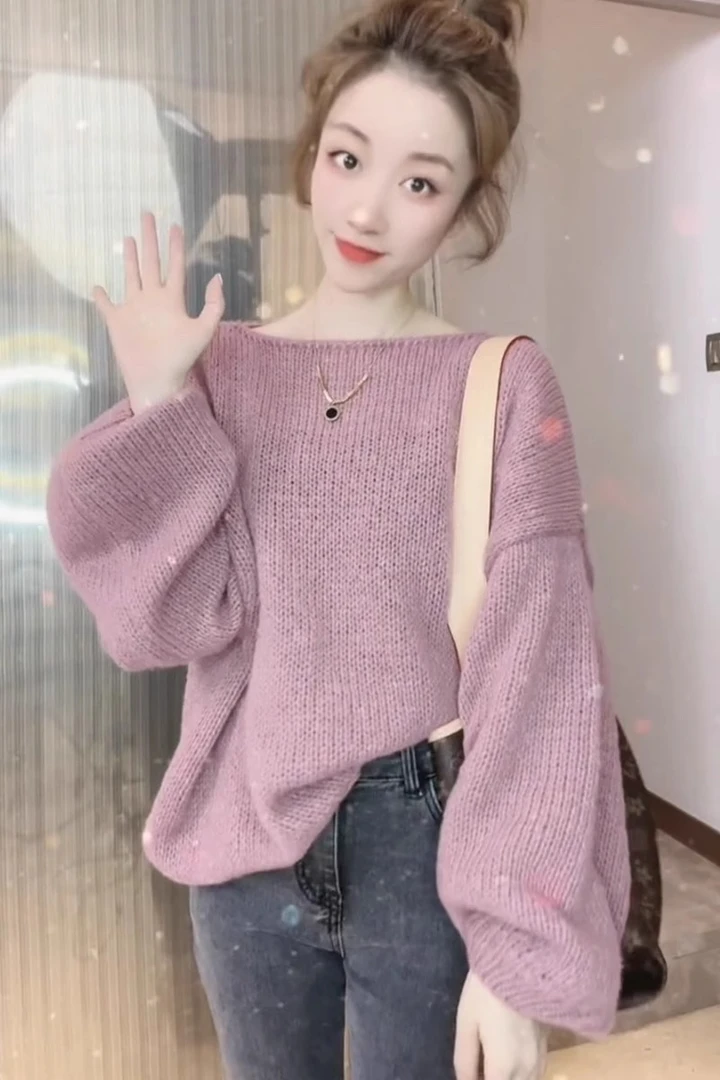 春秋慵懒风纯色圆领软糯针织毛衣女设计感小众宽松显瘦灯笼袖上衣