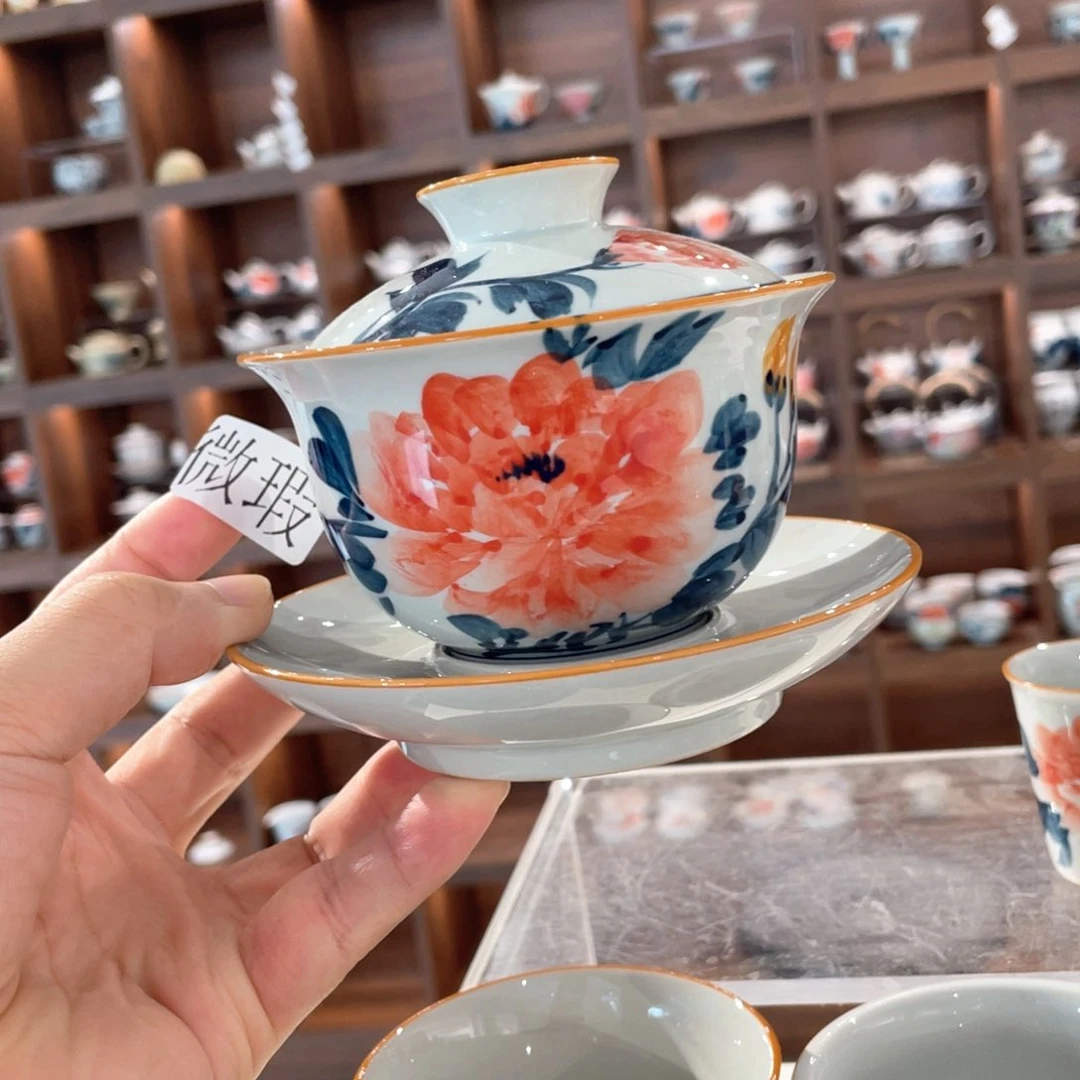 釉下手绘茶具微瑕