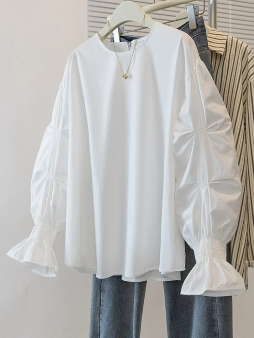 法式独特喇叭袖白色正肩衬衫女2025春季新款大码胖mm马甲叠穿上衣