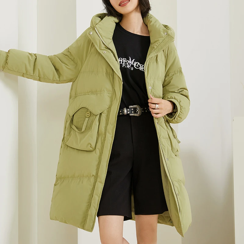 设计师款羽绒服女大码保暖90白鸭绒时尚连帽休闲中长款轻盈外套潮