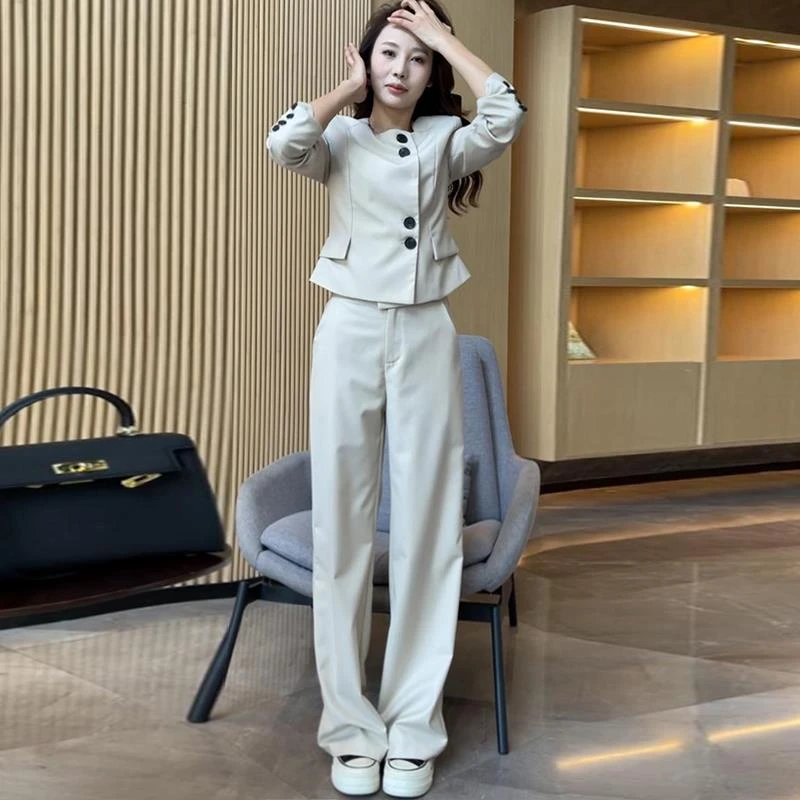 职场气质休闲时尚套装女2025春新款通勤杏色西装上衣阔腿裤两件套