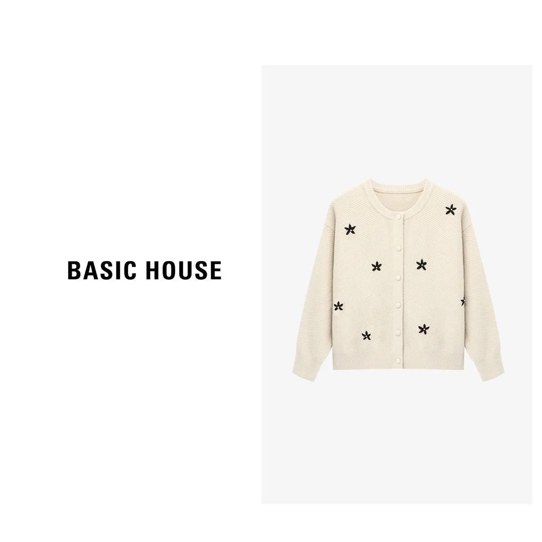 Basic House/百家好休闲圆领长袖百搭套头提花毛衣-B06245I8092