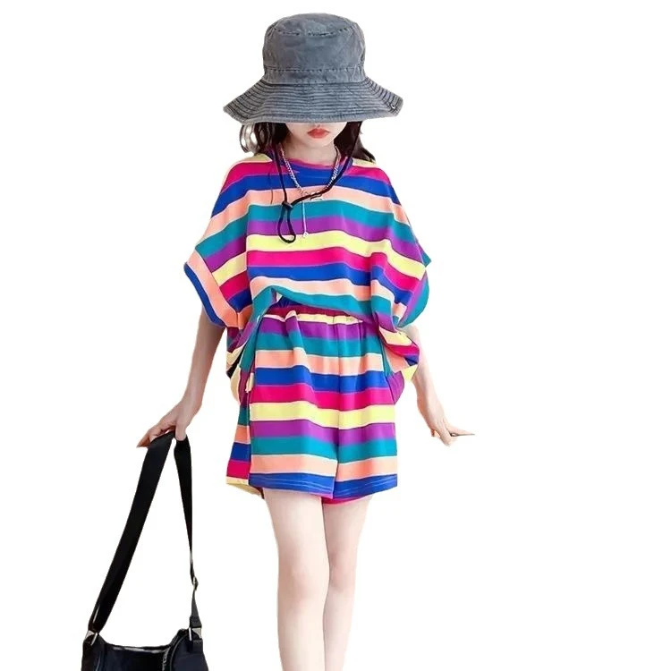 夏款网红时尚套装洋气韩版条纹衣服时髦彩虹两件套小女孩女童新款