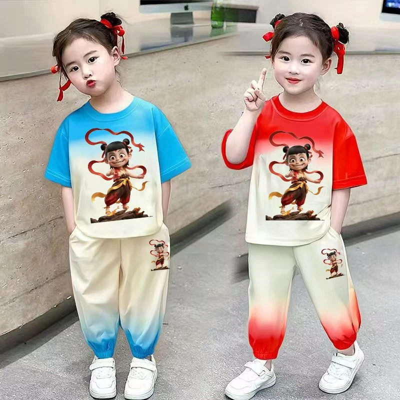 夏季女童哪吒童装套装2025新款休闲夏装中国风纯色短袖长裤两件套