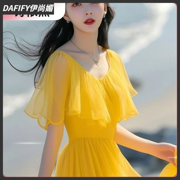 11法式泡泡黄色气质连衣裙度假夏季2024裙子新款海边收腰薄款II