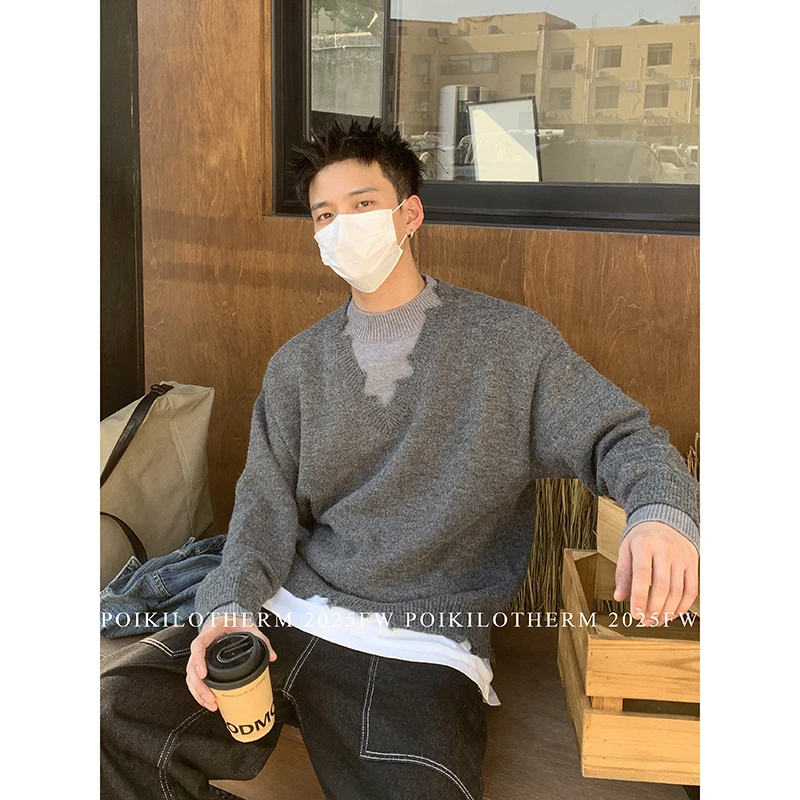 PLTH*美式假两件破坏V领毛衣cleanfit秋冬慵懒宽松休闲短款针织衫
