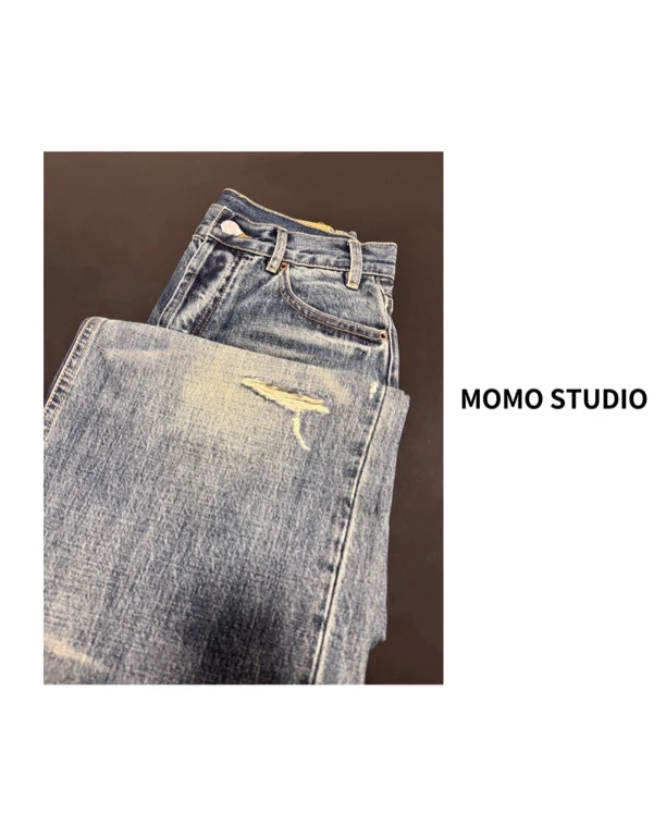 【MOMO STUDIO】不规则水洗破洞牛仔裤