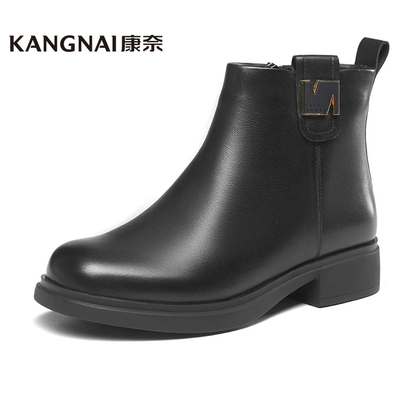 Kangnai/康奈38044专柜正品冬季牛皮粗中跟圆头加绒女士时髦短靴