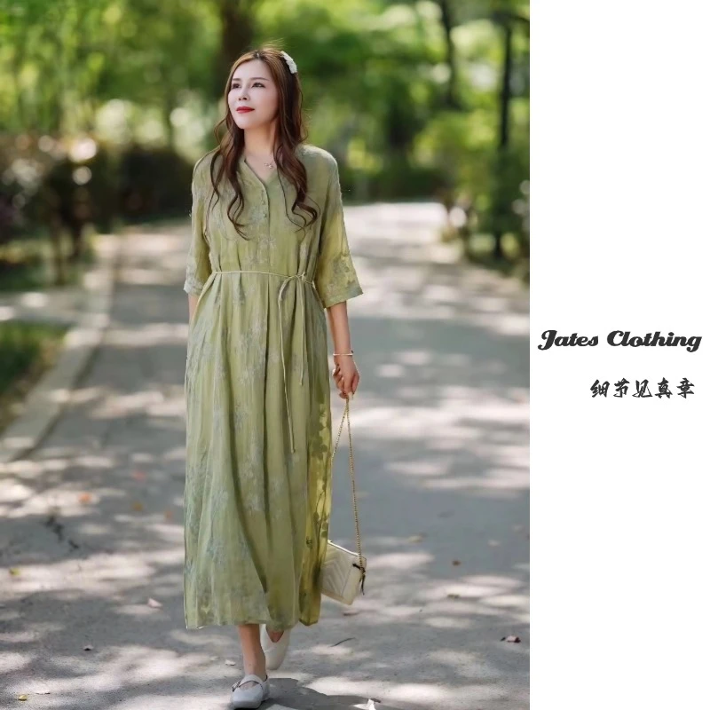 Q9669#夏季新品苎麻全衣刺绣加长纯色仙气飘飘V领宽松气质连衣裙