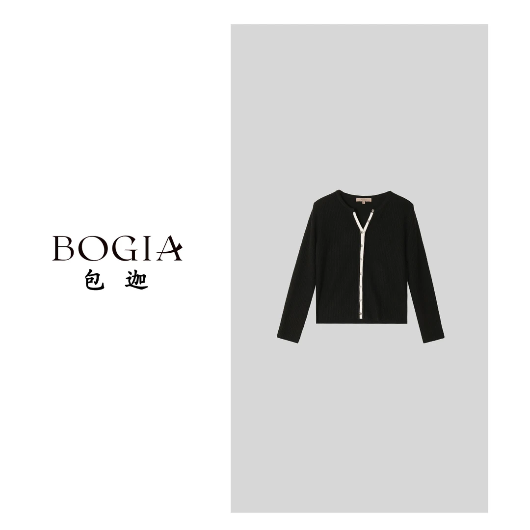 包迦羊毛衫拼色黑色秋冬修身简约气质毛针织衫长袖YYZ9419429