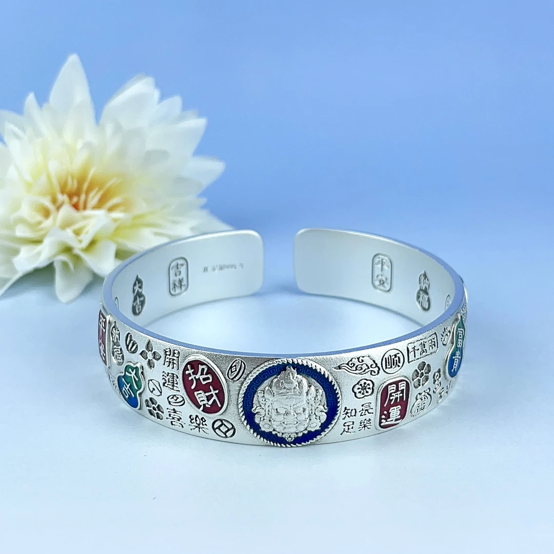 足银手镯 【黄财财开口手镯】足银9999古法开口吉言银手镯民族风