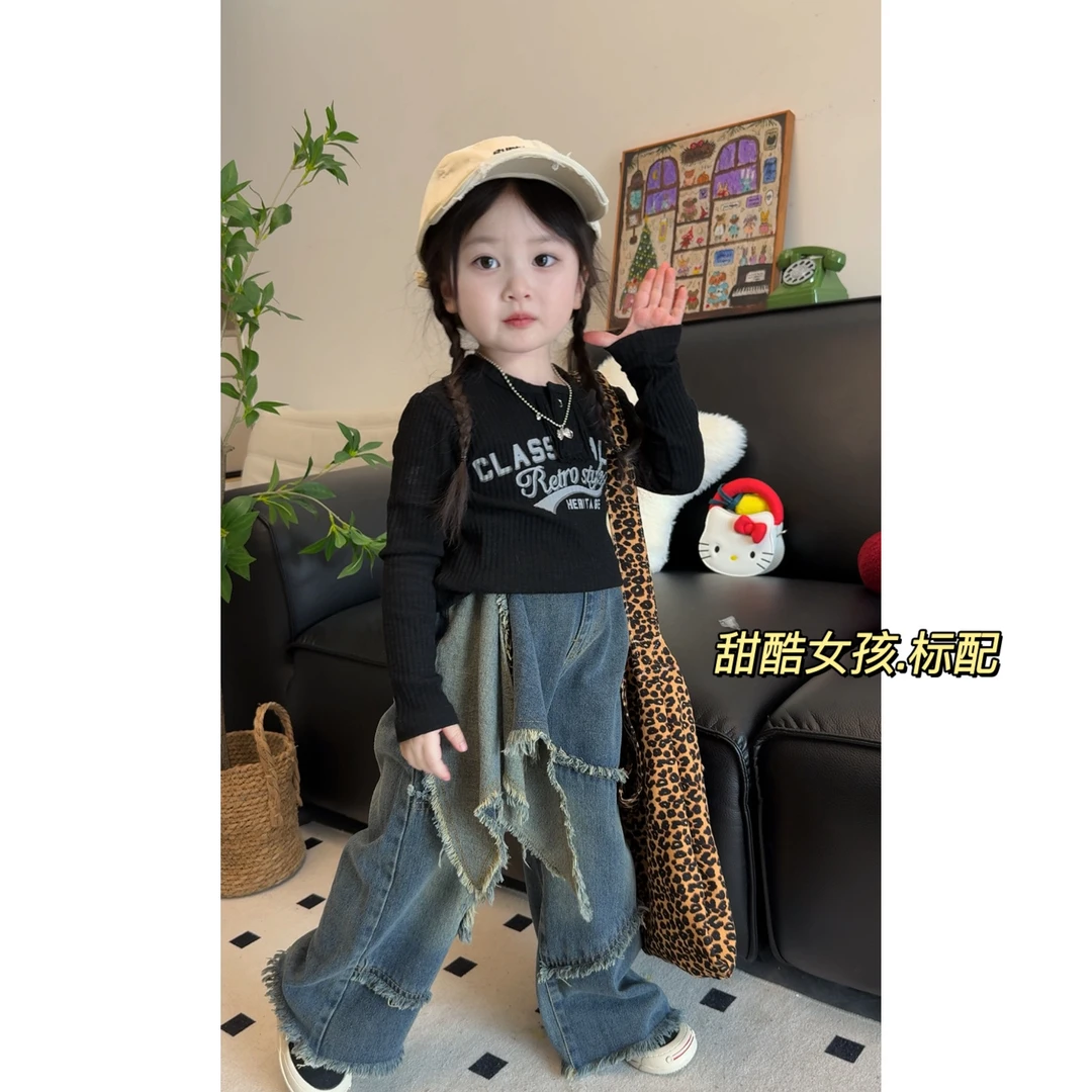 春季女童时髦短款字母上衣复古做旧毛边星星牛仔裤秋款洋气打底衫