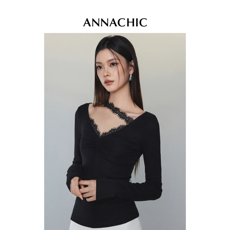 ANNACHIC黑色拼接蕾丝长袖T恤女春季新款小心机V领露肩辣妹上衣