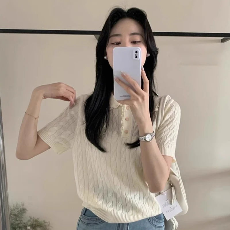 学院风polo领刺绣冰丝针织衫短袖t恤女夏短款甜辣妹美式正肩上衣