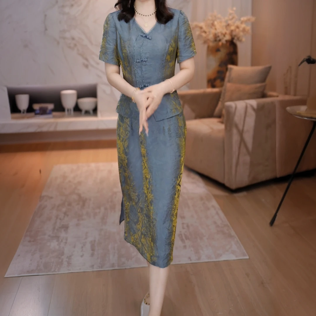 轻熟风提花显瘦夏季新中式连衣裙中国风假两件显瘦减龄裙子
