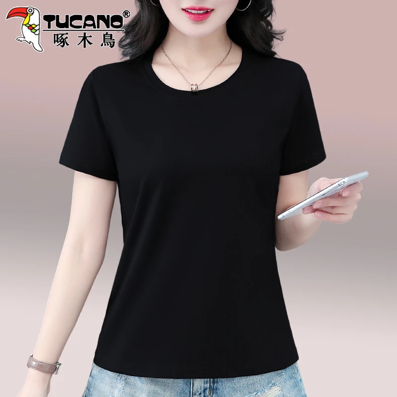 啄木鸟黑色短袖t恤女士夏季宽松圆领内搭半袖小个子打底棉上衣