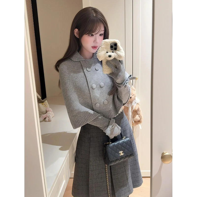 秋冬新款高级感针织斗篷毛衣外套女高腰A字半身裙套装