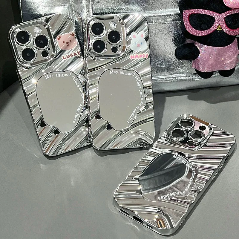 夕与空电镀波纹镜子兔子适用苹果16卡通iPhone14/15/13/12