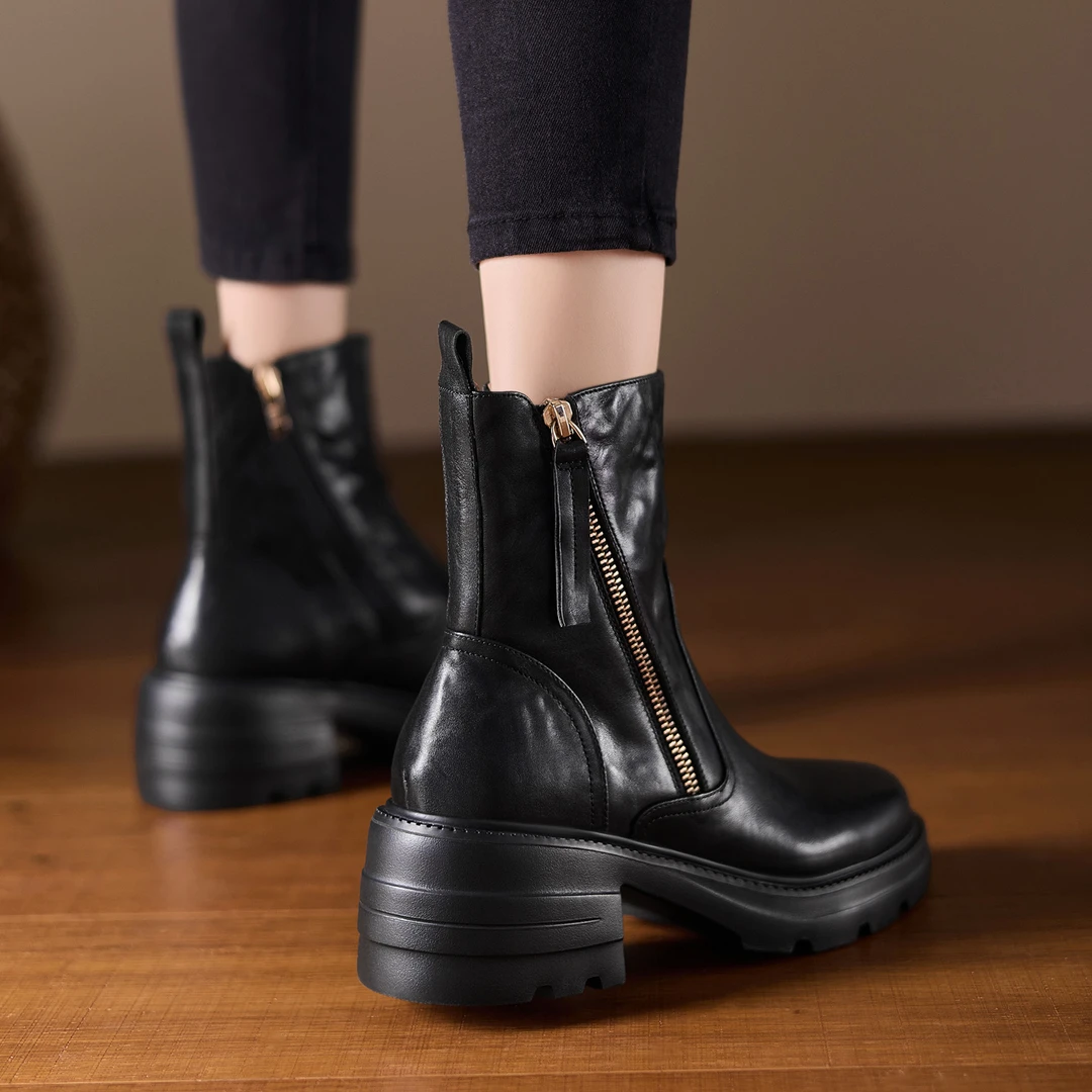 6cm小个子不累脚厚底马丁靴侧拉链粗跟短靴牛皮圆头短筒单靴真皮