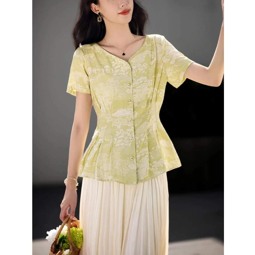 中式提花面料 褶皱收腰衬衫 轻薄设计感显瘦款漂亮小衫上衣女25夏