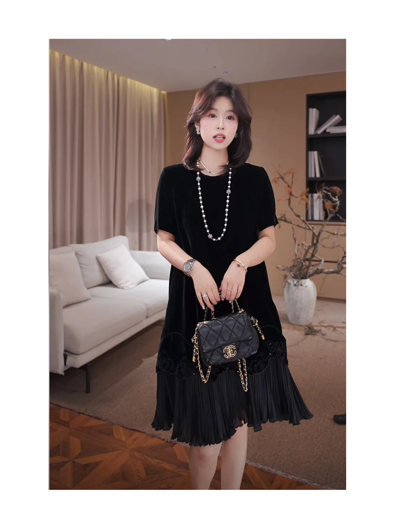广州琴姐【月岛千金】真丝丝绒圆领短袖蕾丝拼接黑色连衣裙女夏8789