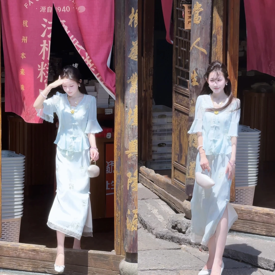 【婷婷】《十二时辰》蓝色版 刺绣国风套装 TTH2SX265【Q】