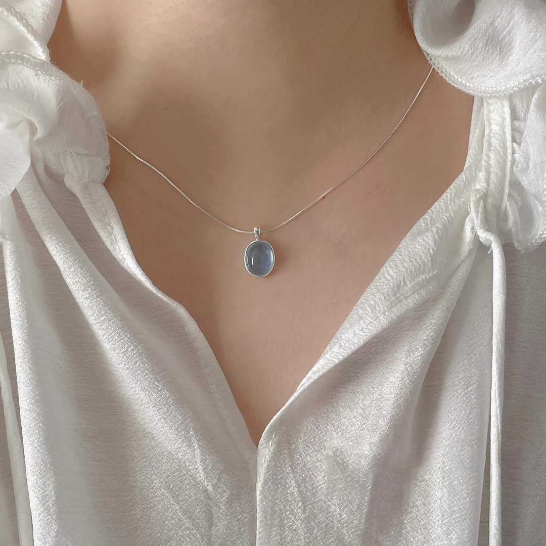 明瑜 925银海蓝项链女小众高级蛇骨链配饰精致吊坠礼物