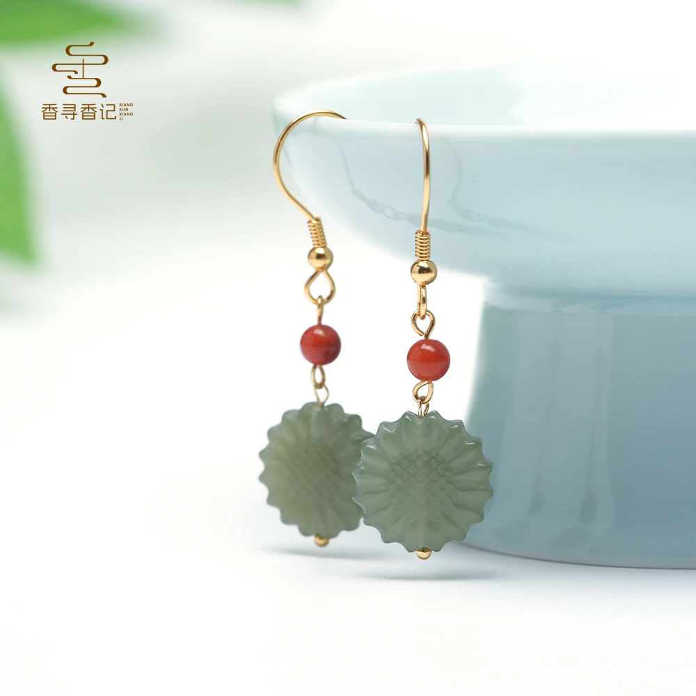 【香寻】天然和田玉向日葵吊坠耳环