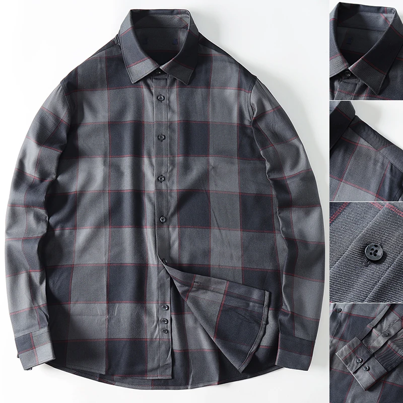 外贸尾货柔滑亲肤透气弹力秋冬男士商务休闲格纹长袖衬衫