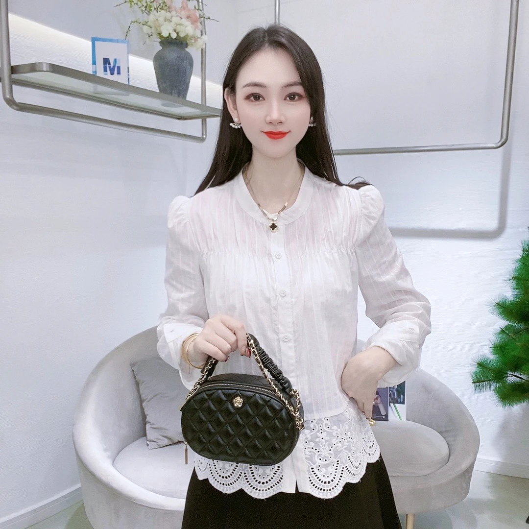 A7972春季新款显瘦拼接长袖法式花边气质衬衫上衣
