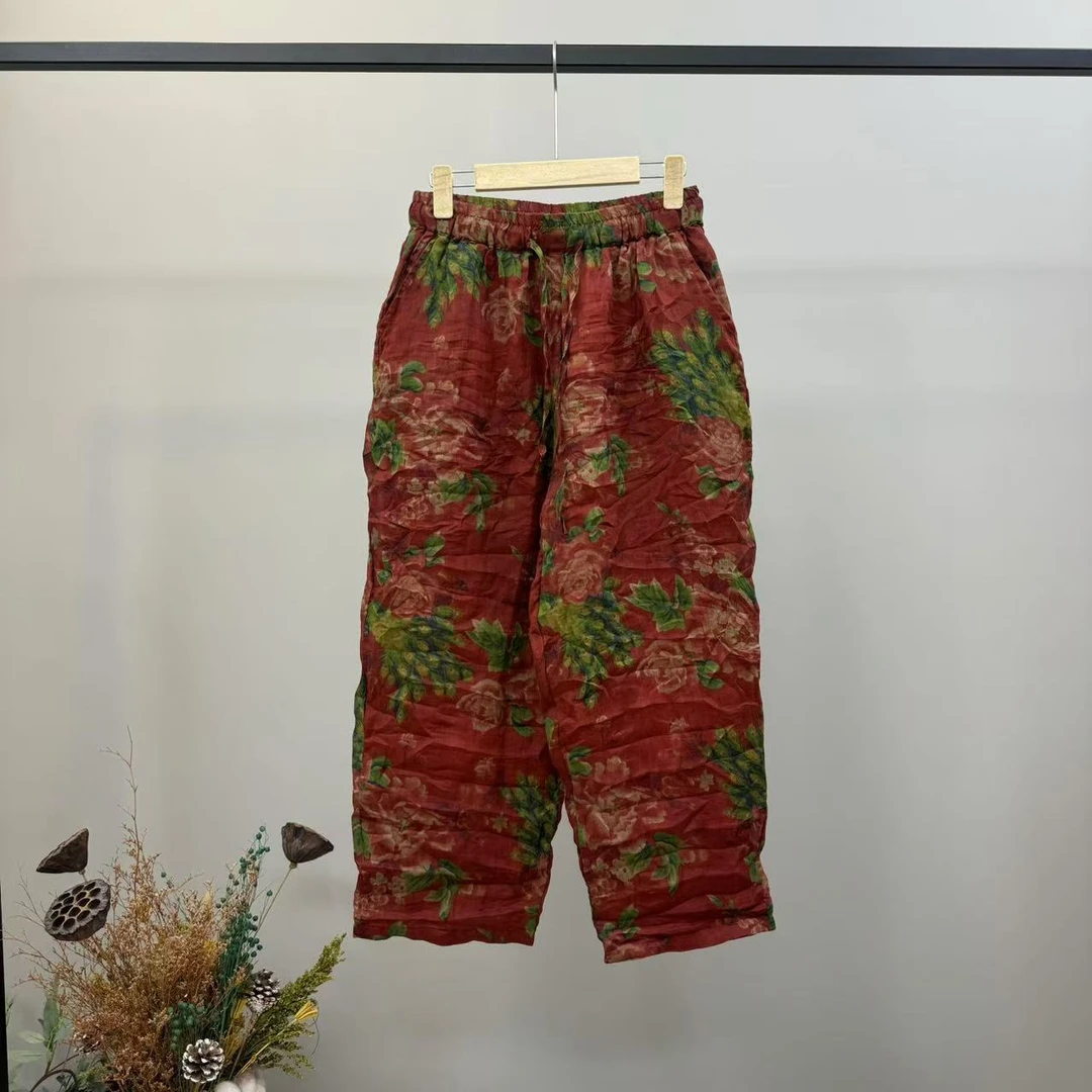 [香甜】春印花苎麻双层休闲宽松舒适时尚百搭抽绳老爹裤【80-165】斤