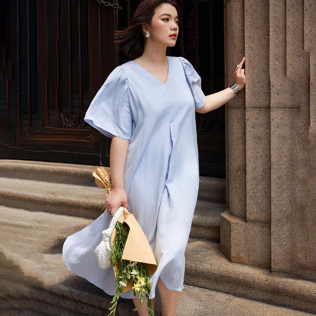 PLUSMALL 璃月书店 人棉亚麻简约通勤V领飞袖连衣裙PLUS2504192