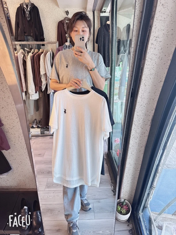 高弹力短袖t恤黑色花短袖刺绣运动时尚大版T恤潮流圆领百搭