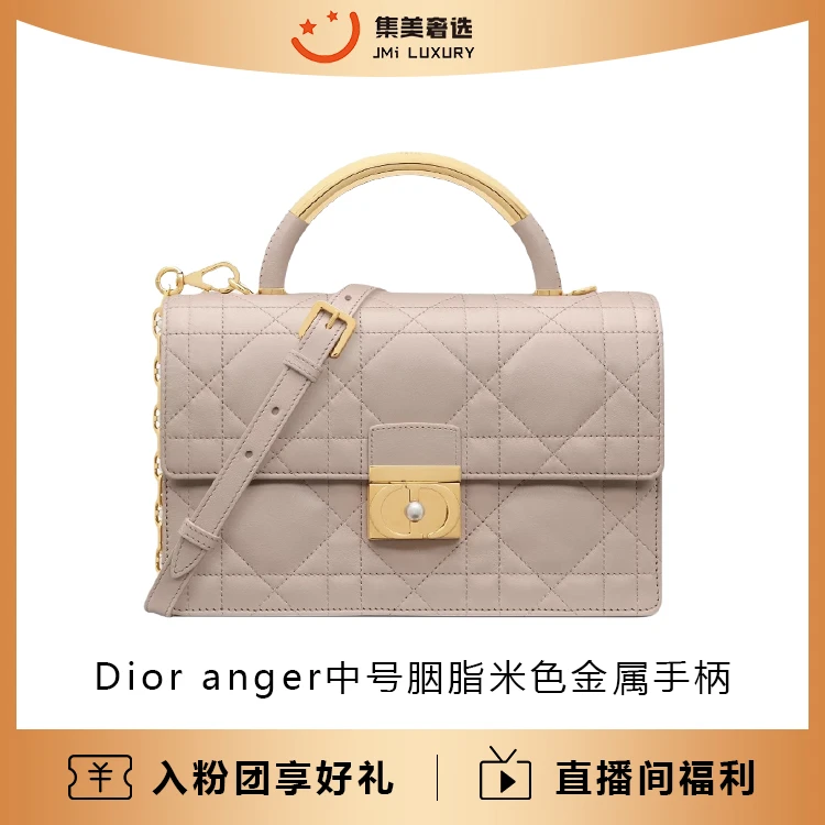 99新 DIOR/迪奥 Dior anger中号胭脂米色金属手柄百搭包/AM1122