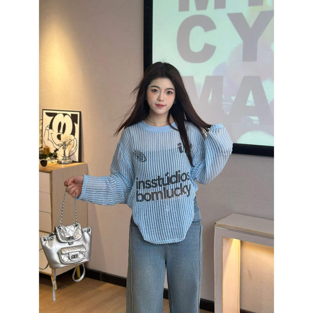 《珠珠定制》春夏季慵懒镂空宽松休闲字母印花长袖T恤大码罩衫