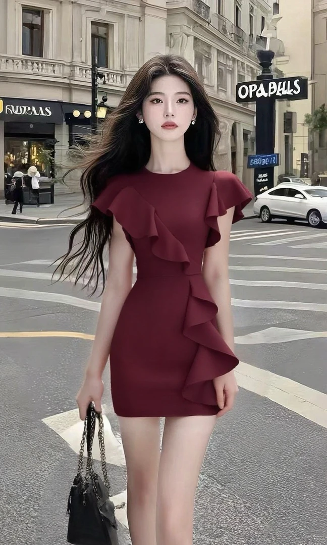 2025夏季新款温柔知性风酒红色圆领修身收腰连衣裙高端时尚女装