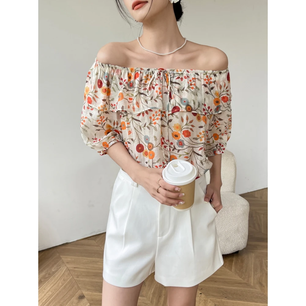 碎花短袖女t恤夏季2025新款内搭打底泡泡袖绑带一字肩上衣设计感