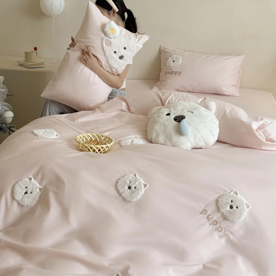 100S高支全棉磨毛四件套贴布绣男女孩宿舍三件套纯棉加厚秋冬床品