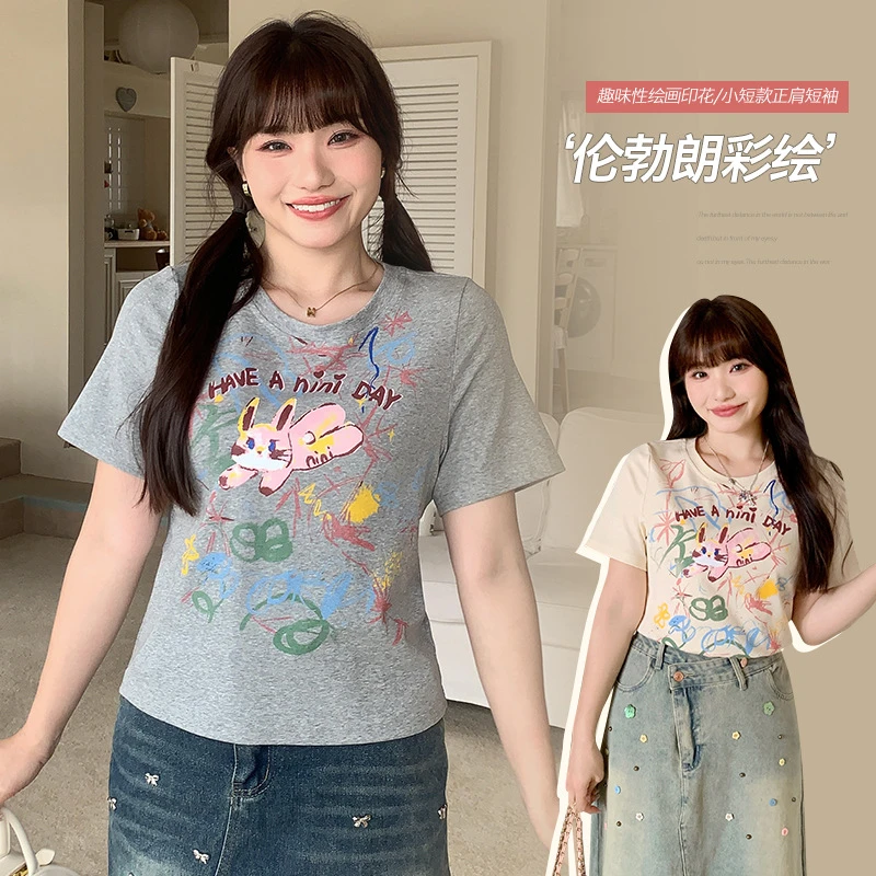 大码短袖上衣涂鸦兔子印花t恤女夏季胖mm气质百搭显瘦上衣