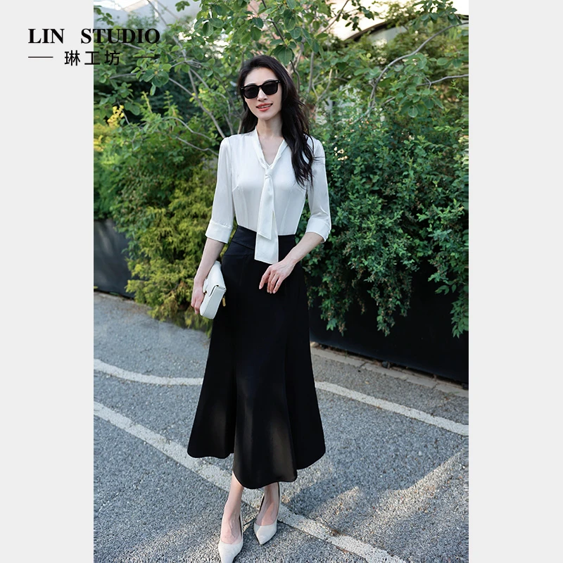【22姆米桑蚕丝】琳工坊“顷岳”白色衬衫优雅气质通勤职场唐琳设计师