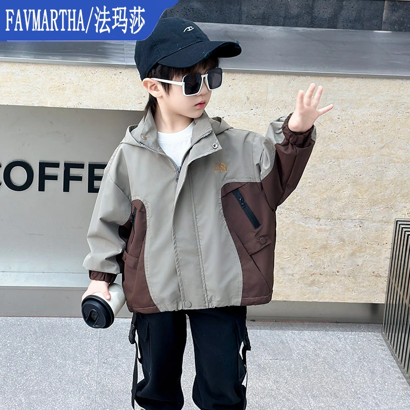 FAVMARTHA儿童外套男童冲锋衣春秋中小童连帽上衣2025新款宝宝春