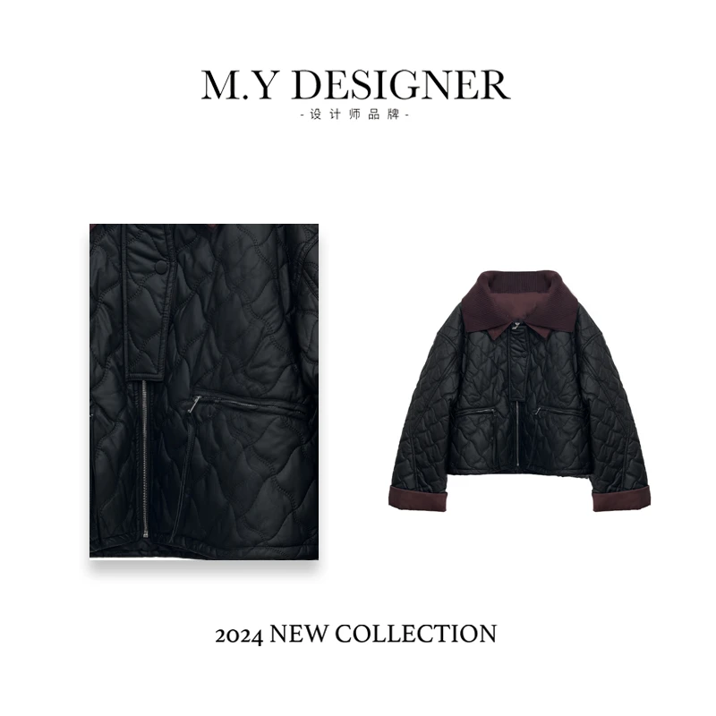 M.Y媛总 针织领菱形格加棉韩版时尚百搭小个子短款棉服63185