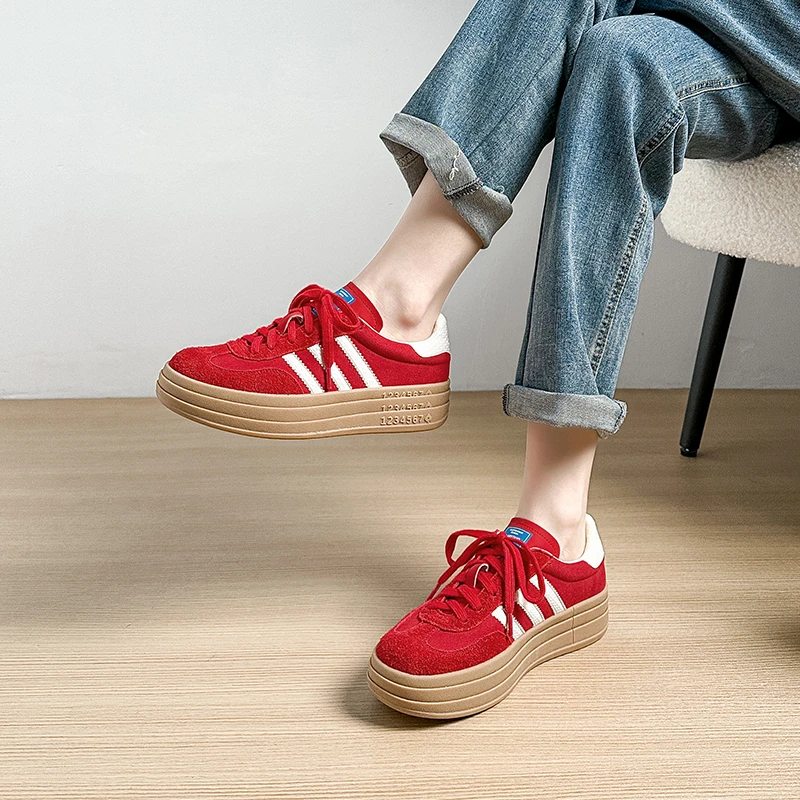 【牛皮厚底】复古红色厚底德训鞋女2025年春秋新款时尚百搭阿甘鞋