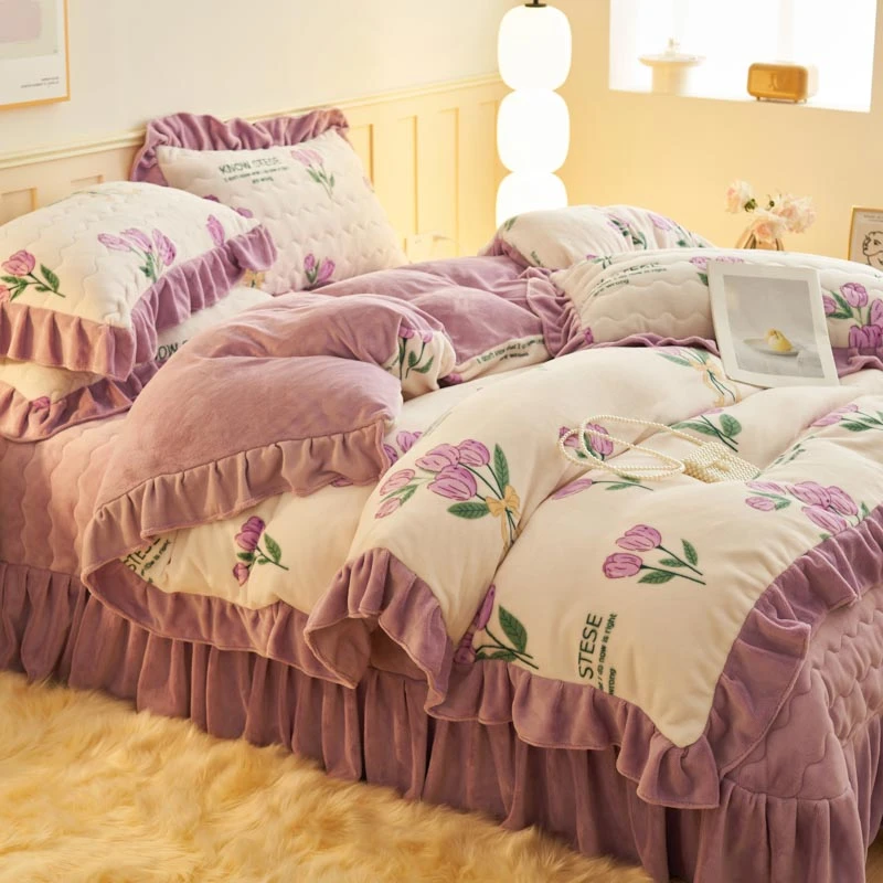 秋冬牛奶绒四件套床盖款被套四件套保暖双面绒夹棉加厚床单三件套