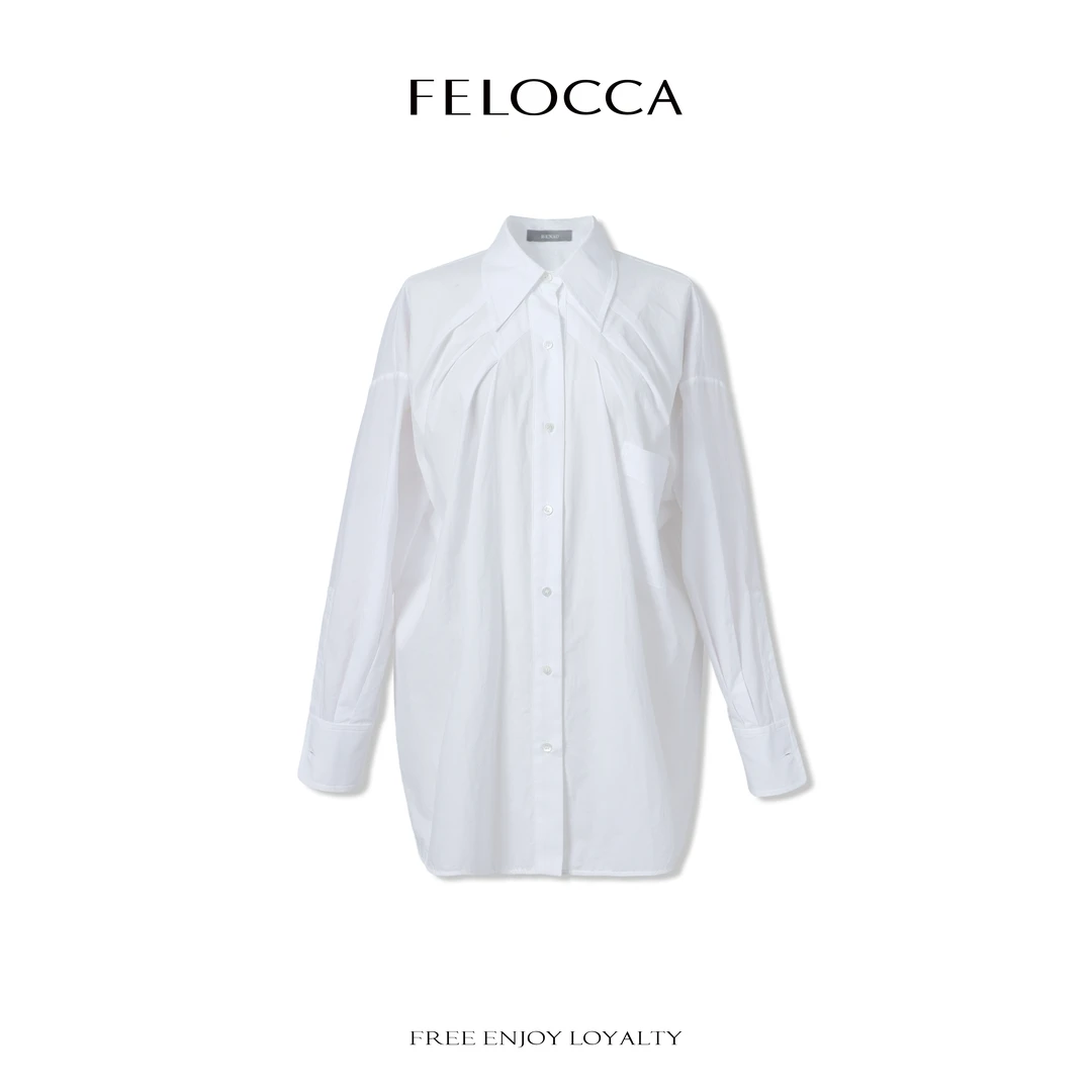【FELOCCA】时尚休闲量感褶皱廓形立领拼接白色衬衫CC2437