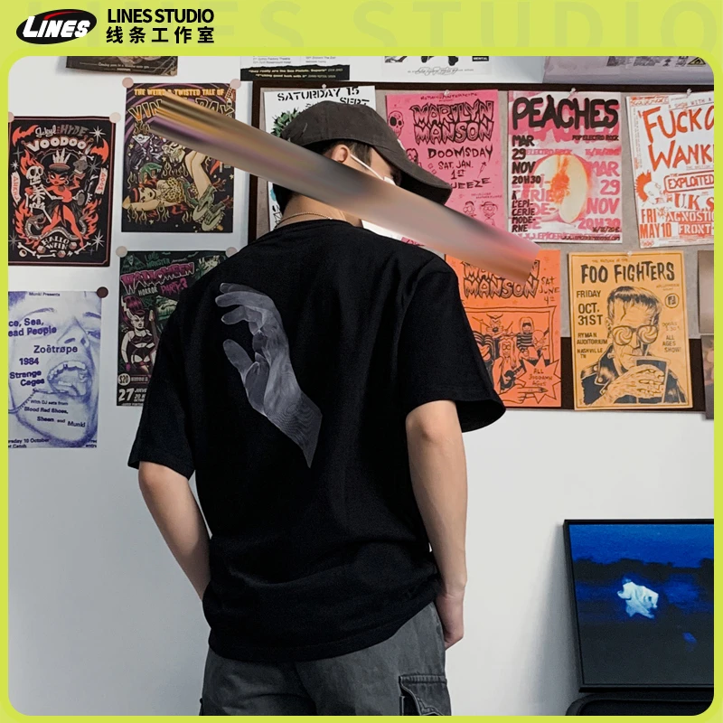 Lines 美式复古手掌印花男士t恤短袖纯棉情侣夏季宽松圆领休闲T恤
