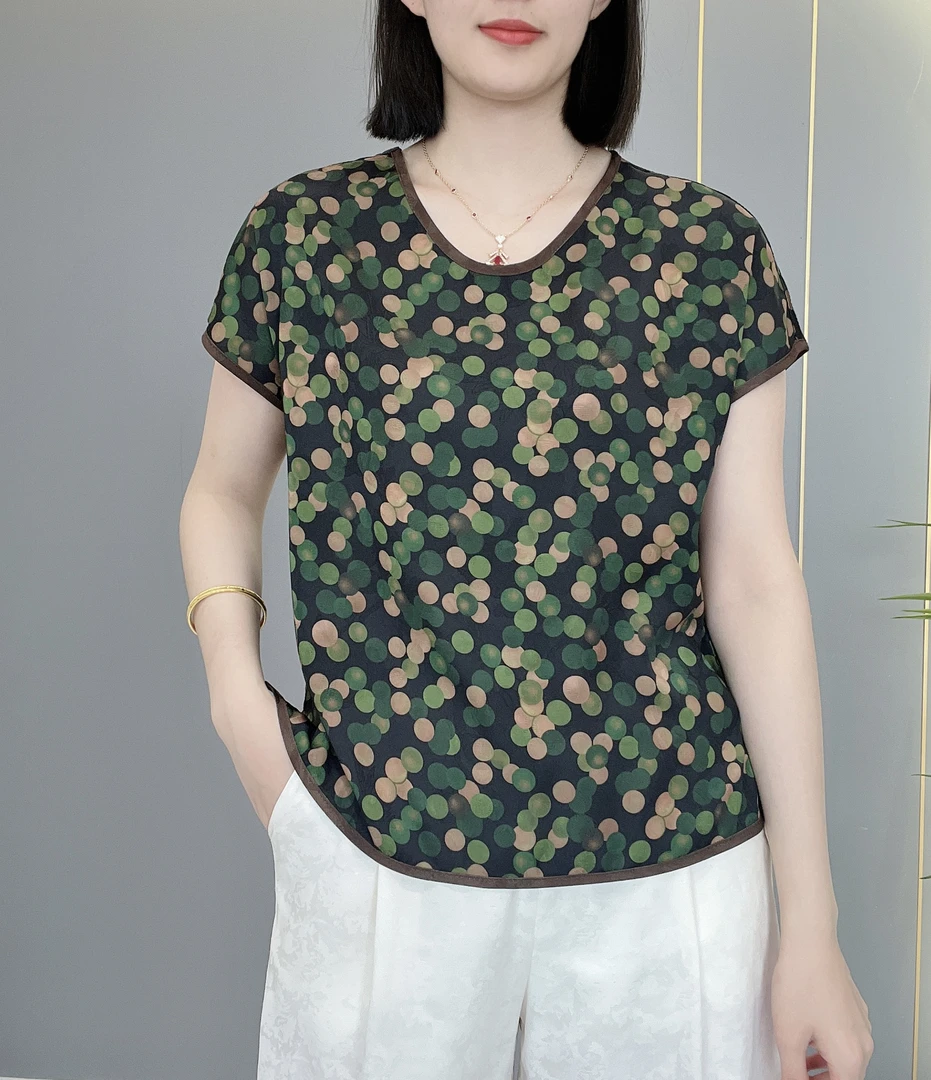气质宽松圆领波点短袖上衣文艺优雅减龄打底衫女夏季