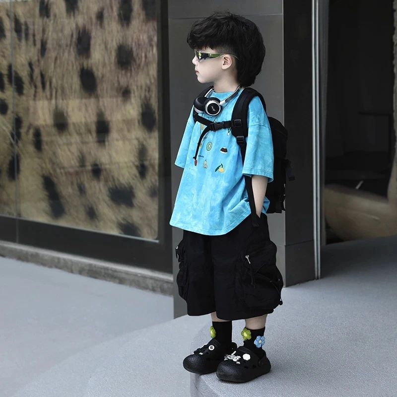 儿童夏装潮帅时髦2025夏季宝宝多彩扎染印花短袖百搭工装裤两件套