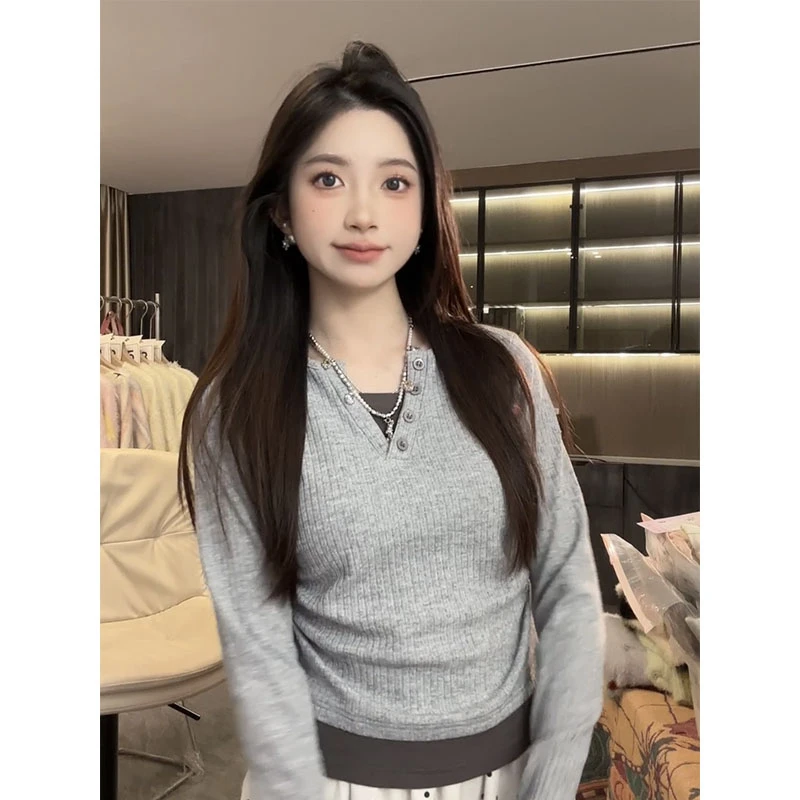 flota/2204 高级感拼接撞色假两件长袖女韩系ins纽扣v领针织XJ