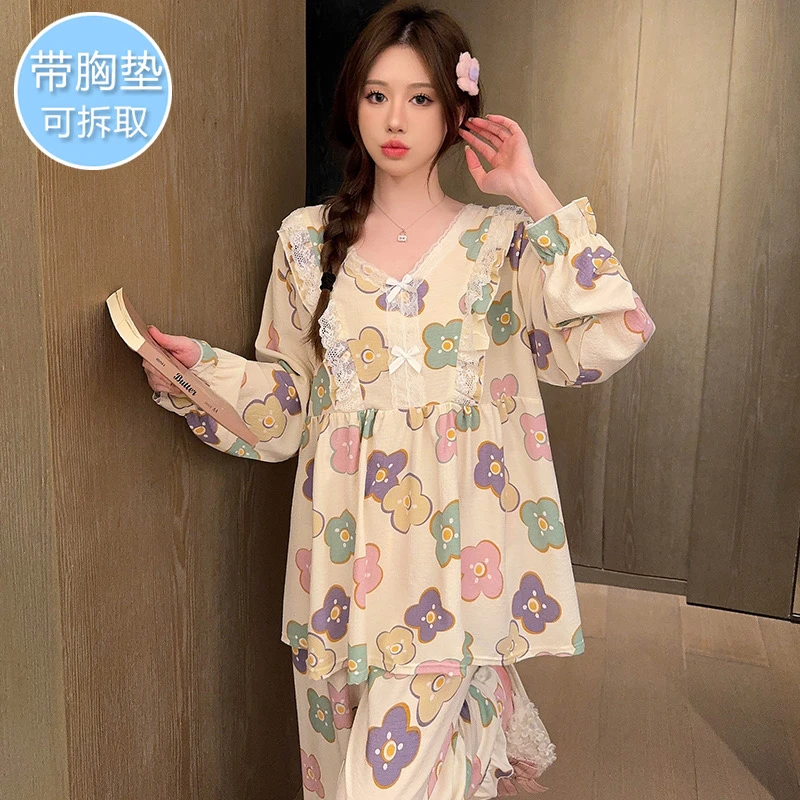 睡衣女春秋季长袖云朵棉质胖mm大码300斤带胸垫防凸点薄款家居服